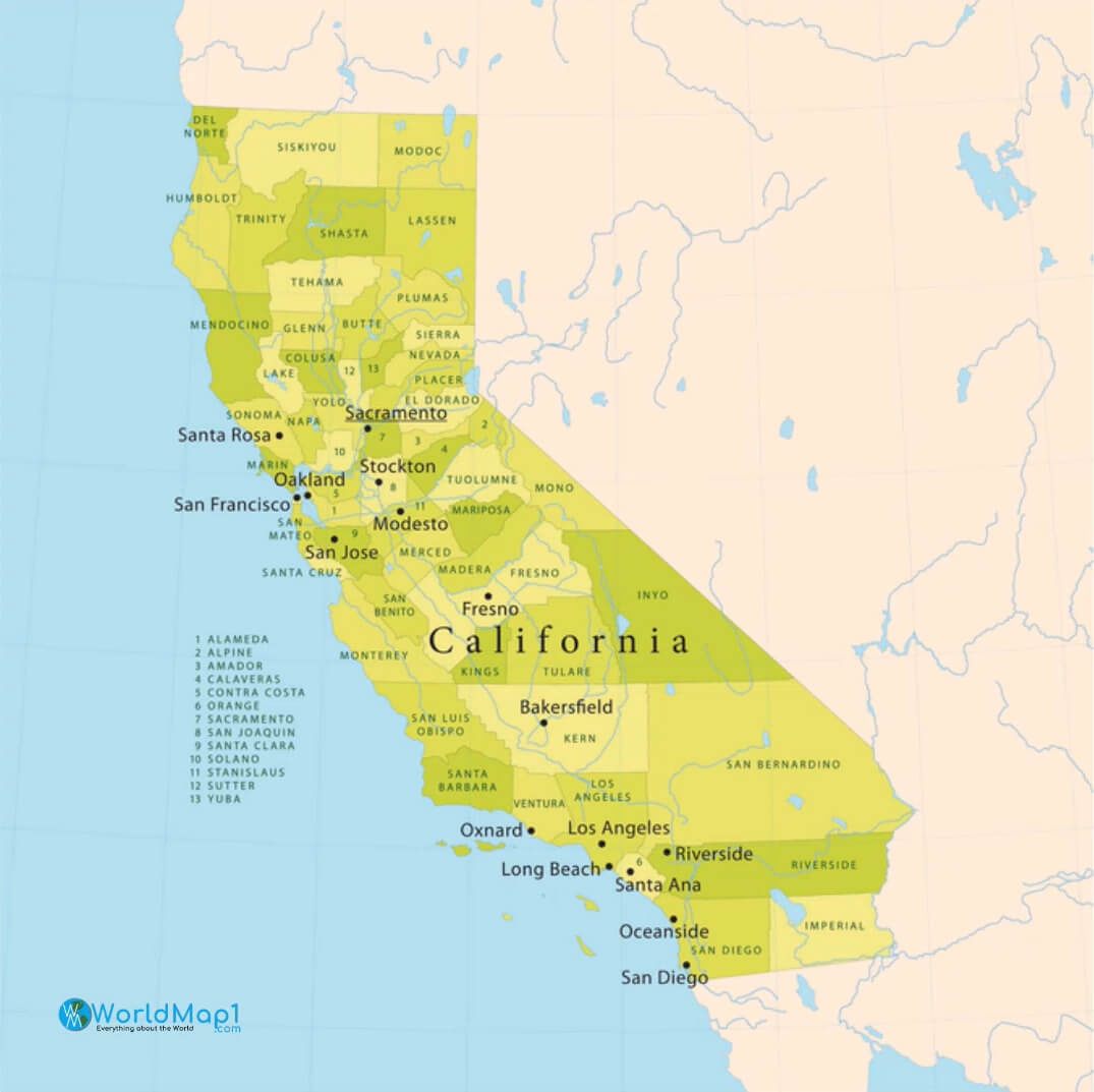 Carte des comtés et villes de Californie